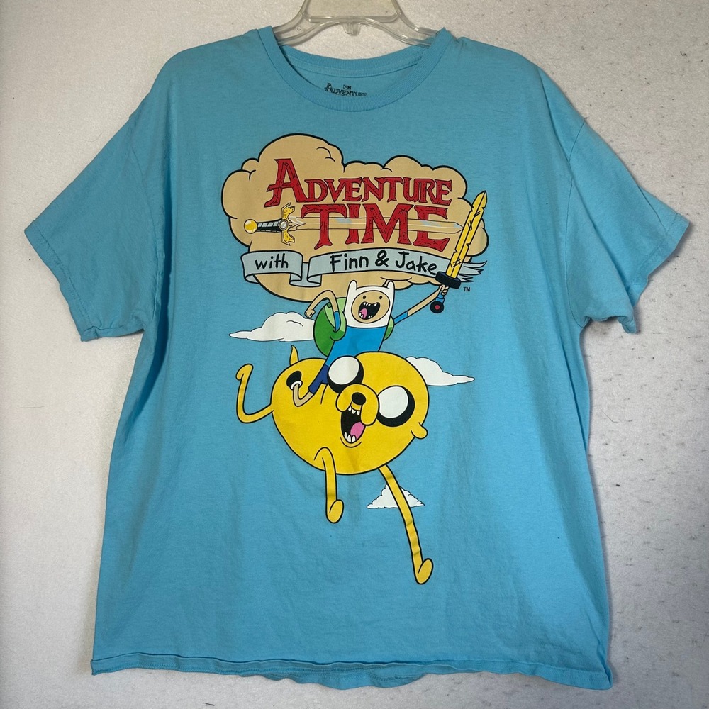 Adventure Time Finn and Jake Graphic Tee Light Blue Cotton T-Shirt XL
